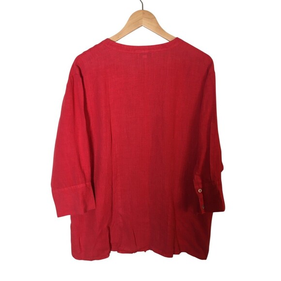 Allen Allen Top Women's Size 2X Red Long Sleeve Button Up Pleated 100% Linen - Picture 2 of 7